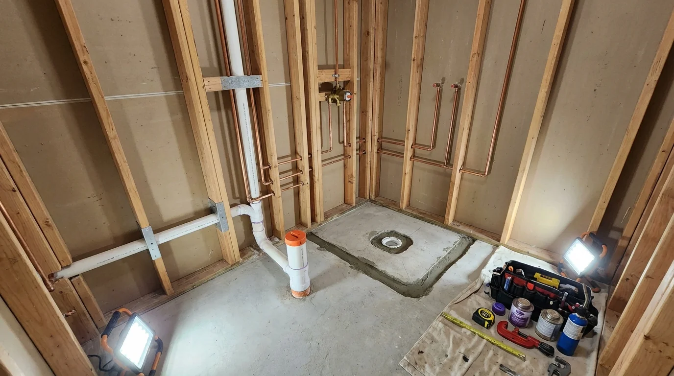 Bathroom rough-in plumbing during remodel by Johns Plumbing LLC in Bally