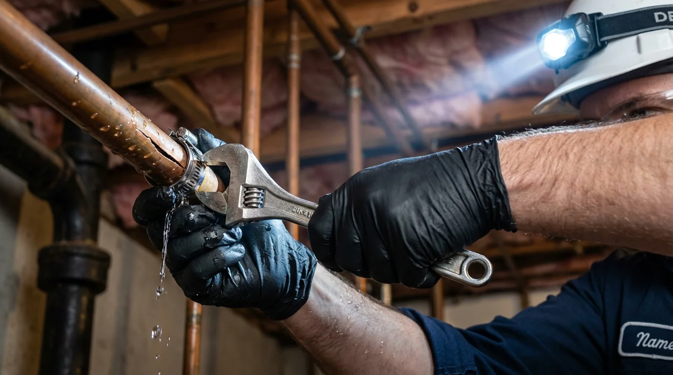 Emergency pipe clamp repair being performed by a Johns Plumbing LLC plumber in Bally