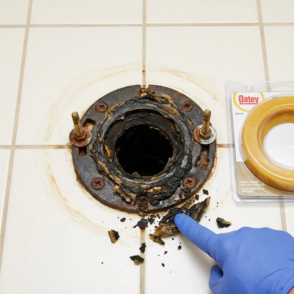 Failed wax ring showing water seepage at the base of a toilet in a Bally, PA home
