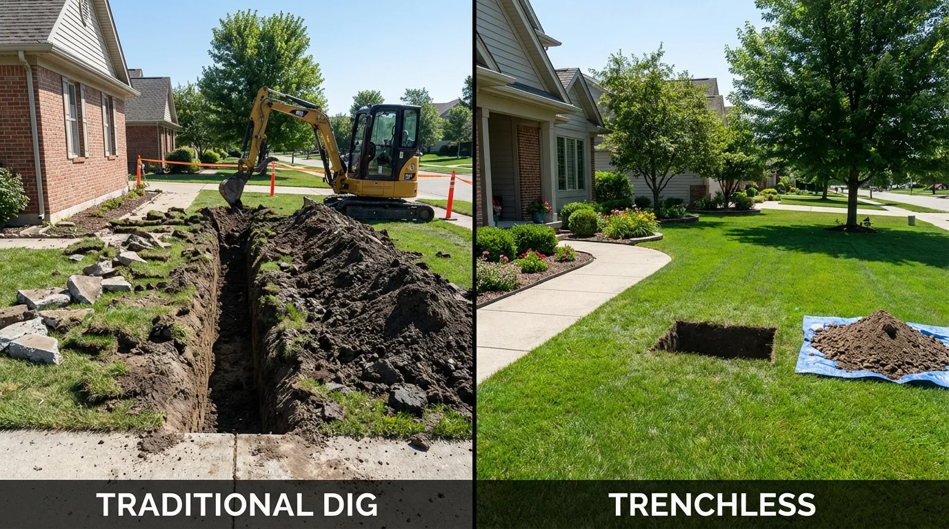 Trenchless sewer repair with minimal yard damage versus traditional excavation in Bally, PA